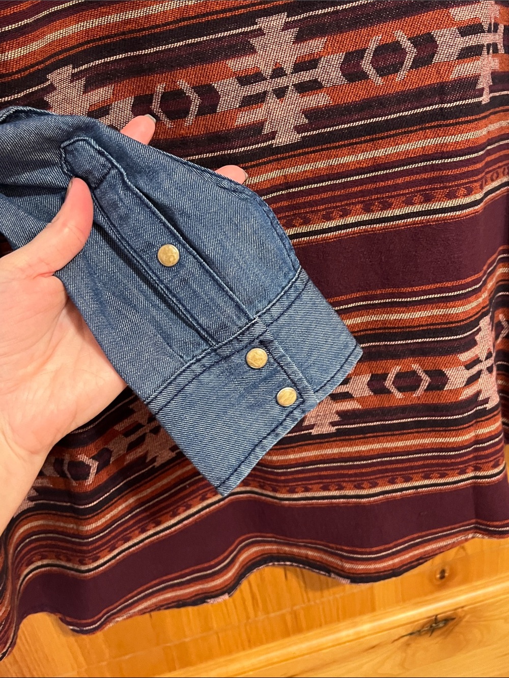 Wrangler Blue Denim Western Button-Down Shirt with Rust Yoke - Picture 8 of 9